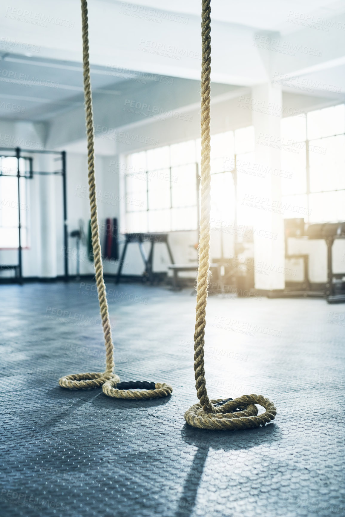 Buy stock photo Ropes, empty and fitness in gym, workout and challenge with wellness, sports and endurance. Health, facility center or exercise with training, climbing or cardio with competition, active or equipment