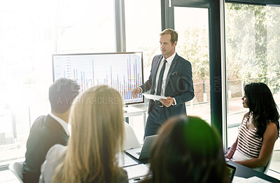 Buy stock photo Businessman, meeting and conversation with data on screen for hr metrics review, insights and talking. Presentation, people and human resource analytics for employee performance and profit management