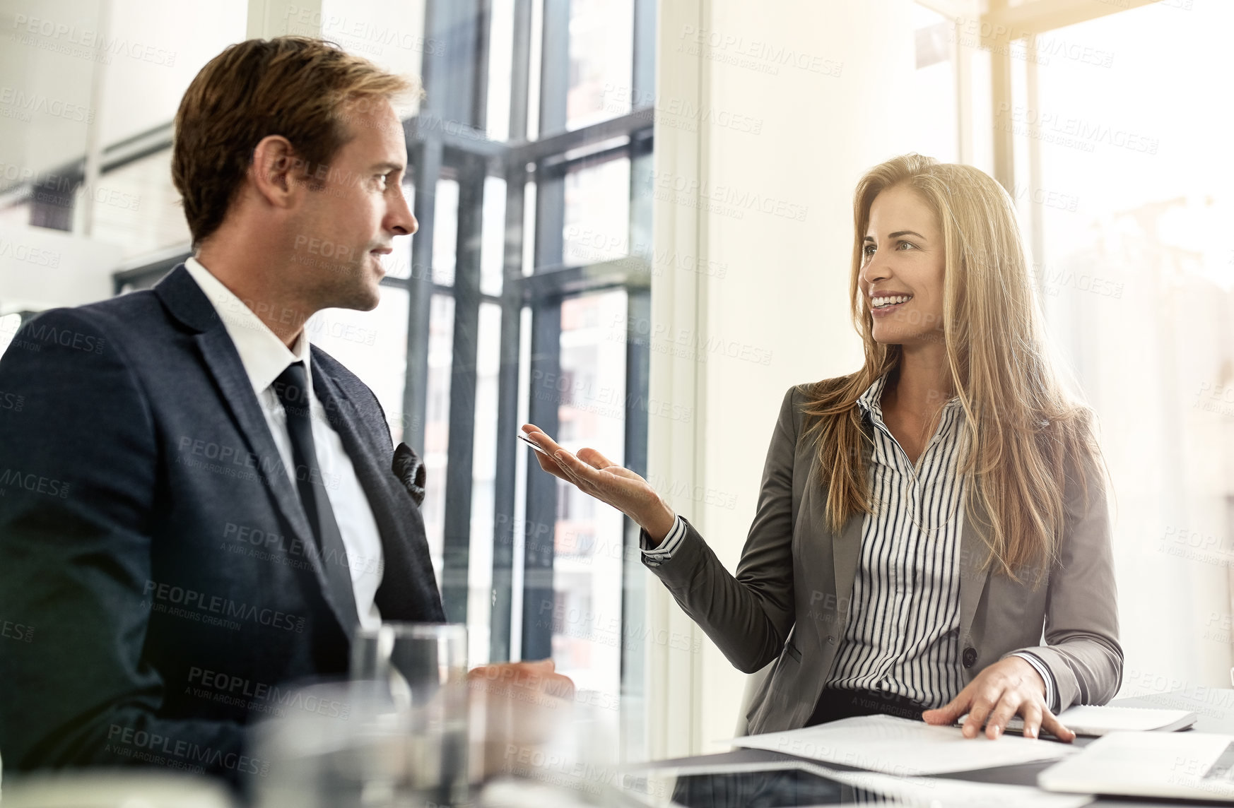 Buy stock photo Meeting, employees and staff with teamwork, consultation and conversation for brainstorming, ideas and collaboration. Partnership, man and happy woman with happiness, professional and communication