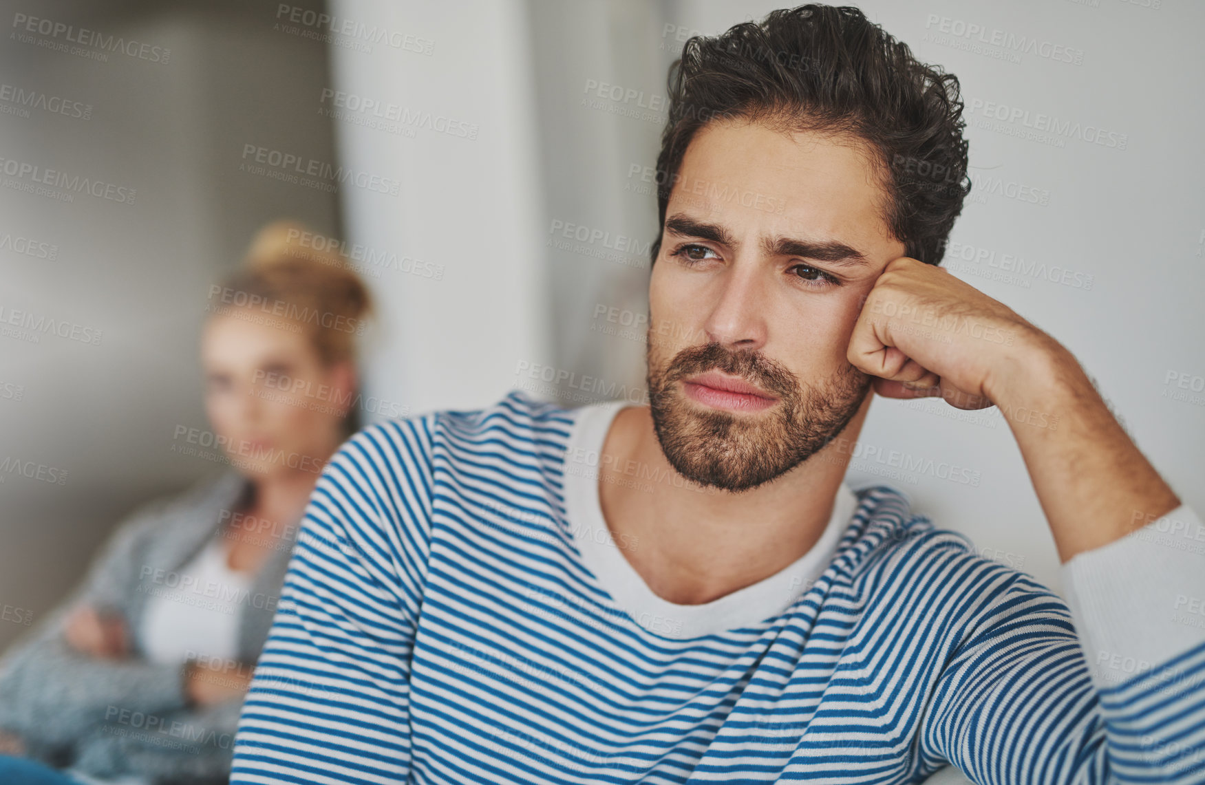 Buy stock photo Man, silent and couple conflict in home, disagreement and betrayal or abuse in toxic marriage. People, ignoring and relationship mistake or fail in living room, divorce and stubborn fighting on sofa