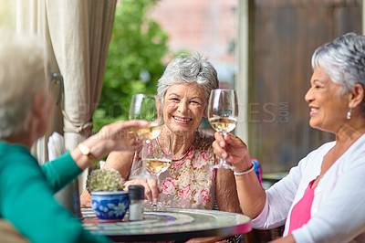 Buy stock photo Lunch, wine and cheers with elderly friends in restaurant for bonding, date and relax. Retirement, hospitality and happiness with group of senior people with drink for social, memory and support