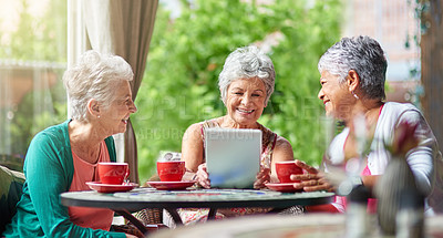 Buy stock photo Cropped shot of a group of senior female friends enjoying a lunch date