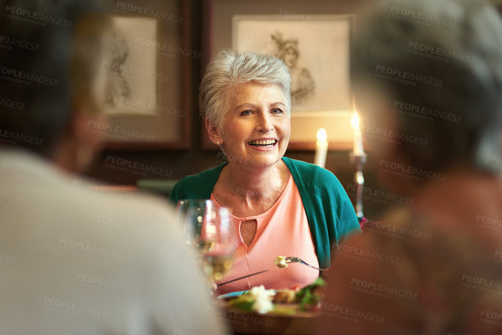 Buy stock photo Cropped shot of a group of senior female friends enjoying a lunch date