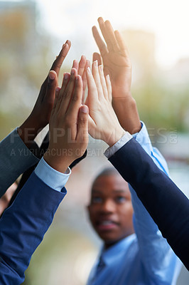 Buy stock photo Business people, hands and high five for teamwork, success and team building. Group, collaboration and employees with hand together for cooperation, support and solidarity, motivation and celebration