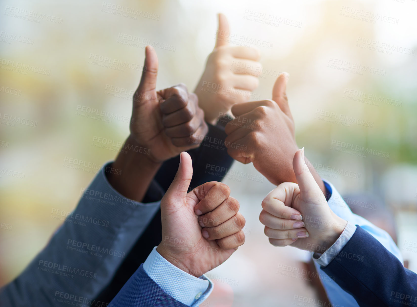 Buy stock photo Teamwork, hands and group with thumbs up for success, team building and motivation. Business people, hand gesture and like emoji for agreement, ok or excellence, support or solidarity for cooperation