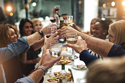 Buy stock photo Dinner party, friends and cheers with wine glass, alcohol and champagne for celebration, social gathering and fun at restaurant. Happy group of people celebrate toast with drinks, food and happiness 