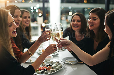 Buy stock photo Sushi, friends and restaurant cheers with champagne for birthday celebration or social event. Celebrate toast, happy and smile of women with japanese food eating and drinking together with alcohol