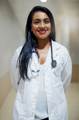 Buy stock photo Portrait of a female doctor standing in a hospital