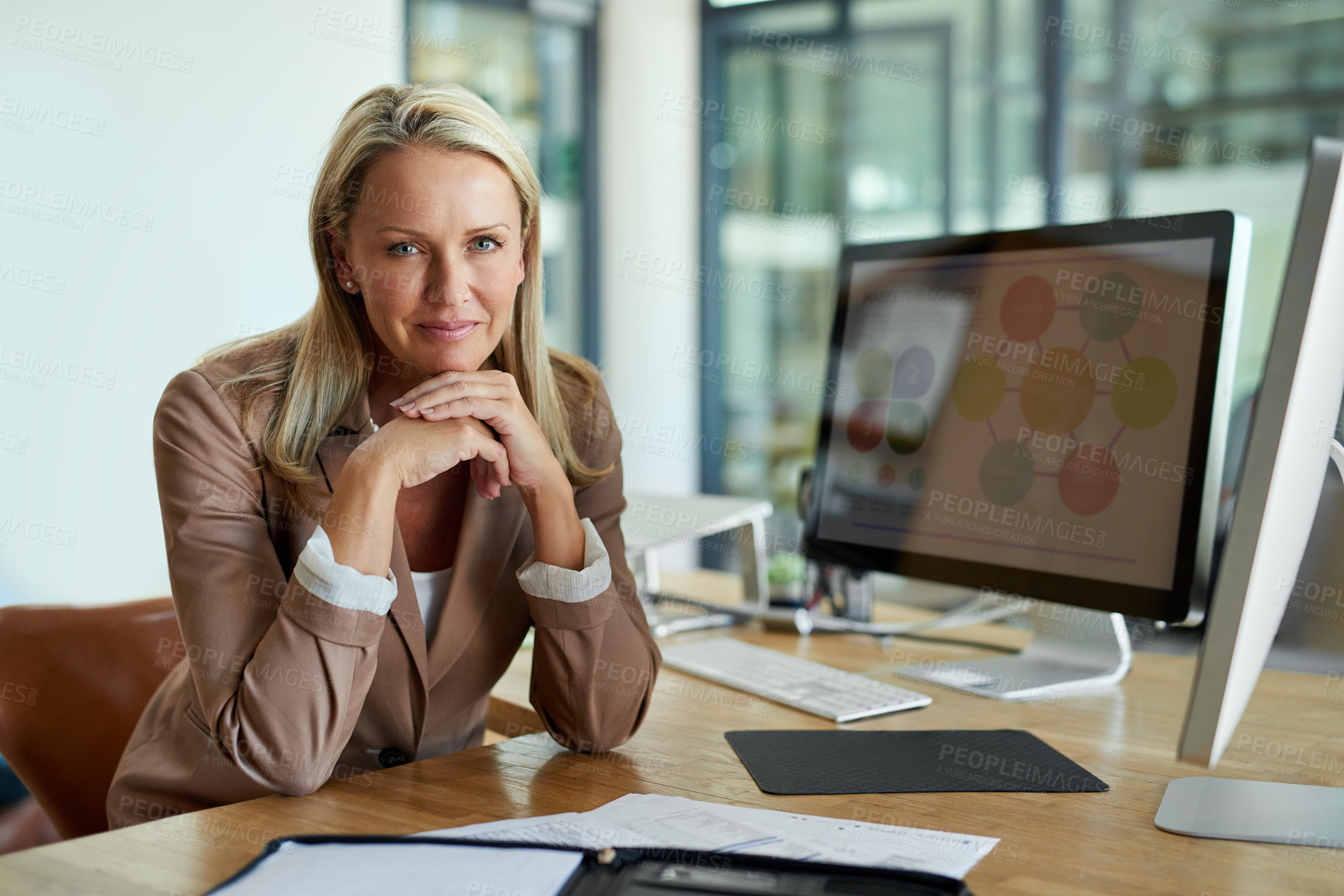 Buy stock photo Portrait of a mature businesswoman sitting at her desk in an office