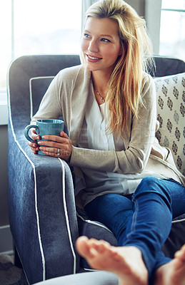 Buy stock photo Thinking, smile or woman drinking coffee in home living room for morning breakfast, latte or espresso to relax. Tea, dream or happy person on sofa for peace, calm or planning future decision in house