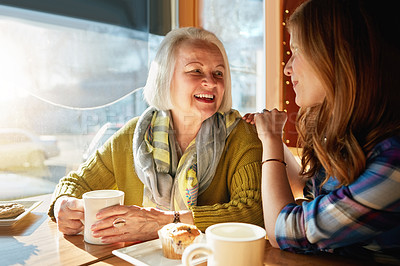 Buy stock photo Senior woman, smile and daughter with conversation in cafe with daughter for memories or bonding with relax. Coffee shop, restaurant and people with discussion, laugh and happy family with love.