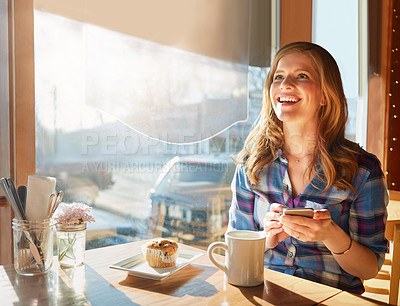 Buy stock photo Woman, smartphone and happy in cafe for breakfast, app and digital menu with coffee in city. Girl, smile and muffin in Sweden at restaurant with phone for email, chat and online customer feedback