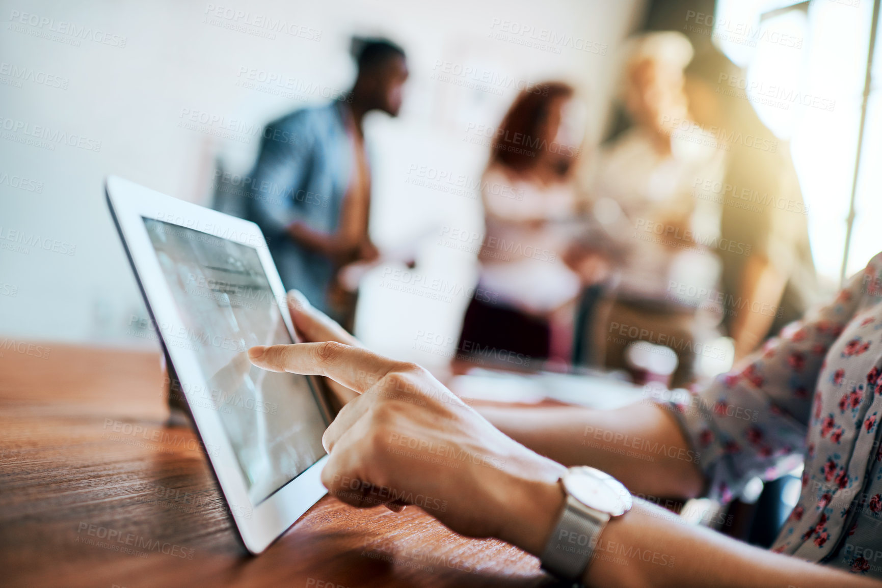 Buy stock photo Design, hand and tablet with creative person at table in boardroom of office for project management. Agency, business and technology with employee in workplace for administration or planning closeup