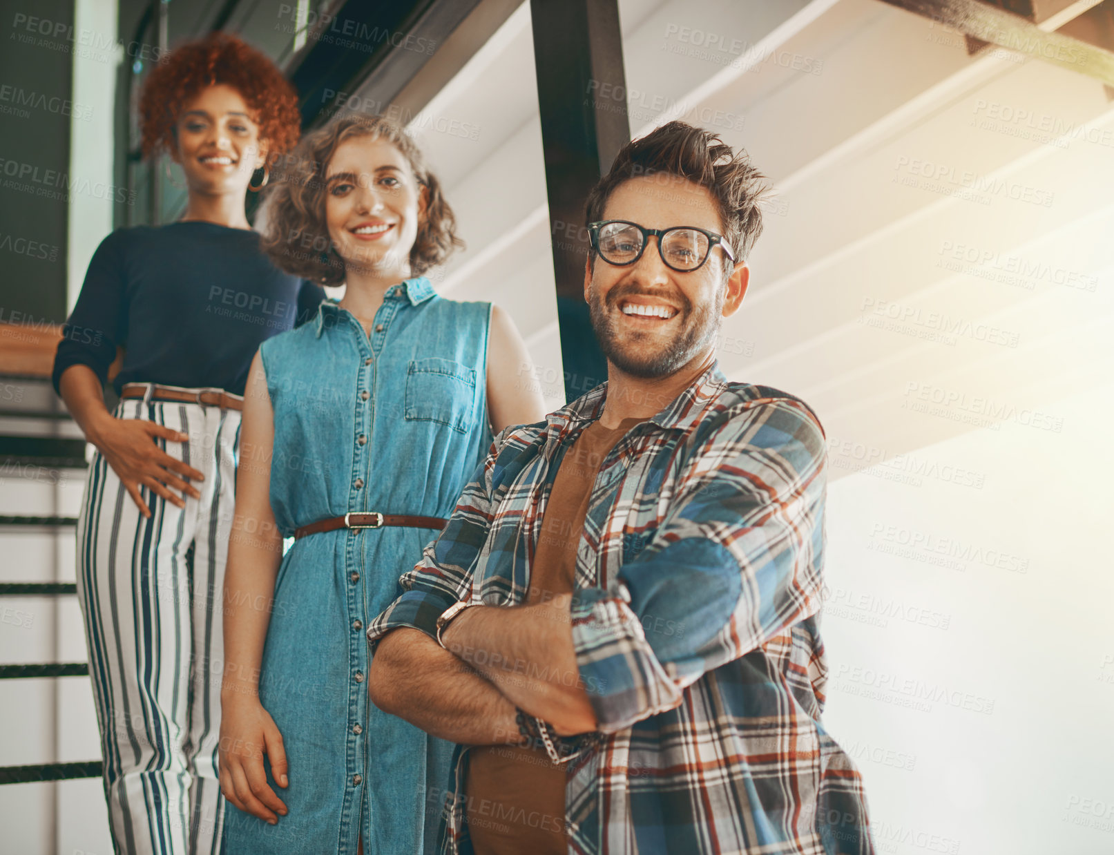 Buy stock photo Portrait, designers or happy people on stairs for team building, motivation or collaboration success. Startup company, teamwork or proud employees smiling with confidence or positive mindset on steps