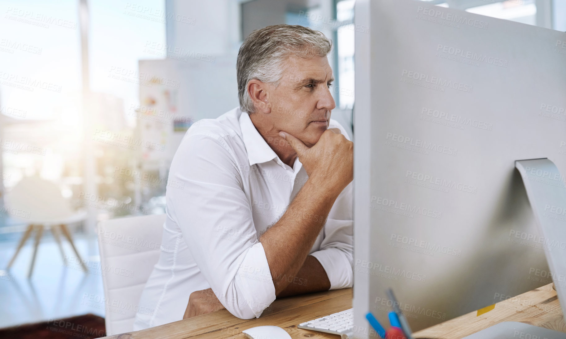 Buy stock photo Mature, man and computer or idea in workplace, policy administrator and online business review for company. Compliance research, info and reading regulations, report and pc or thinking in office