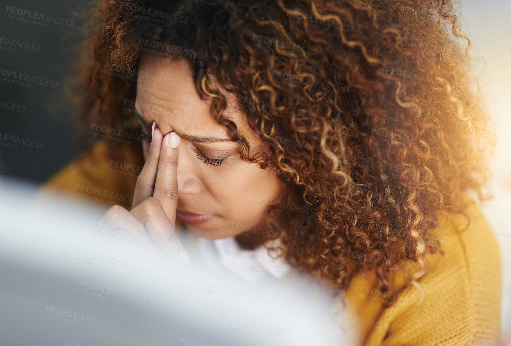 Buy stock photo Woman, headache and stress in workplace, employee depression and mental health burnout. Female person, frustrated and tired of computer glitch or internet trouble, anxiety and policy fail or disaster