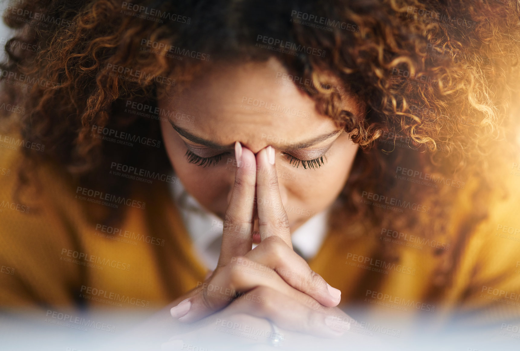 Buy stock photo Woman, computer fail and stress in workplace, employee depression and mental health burnout. Female person, frustrated and tired of glitch or internet trouble, closeup and policy mistake or disaster