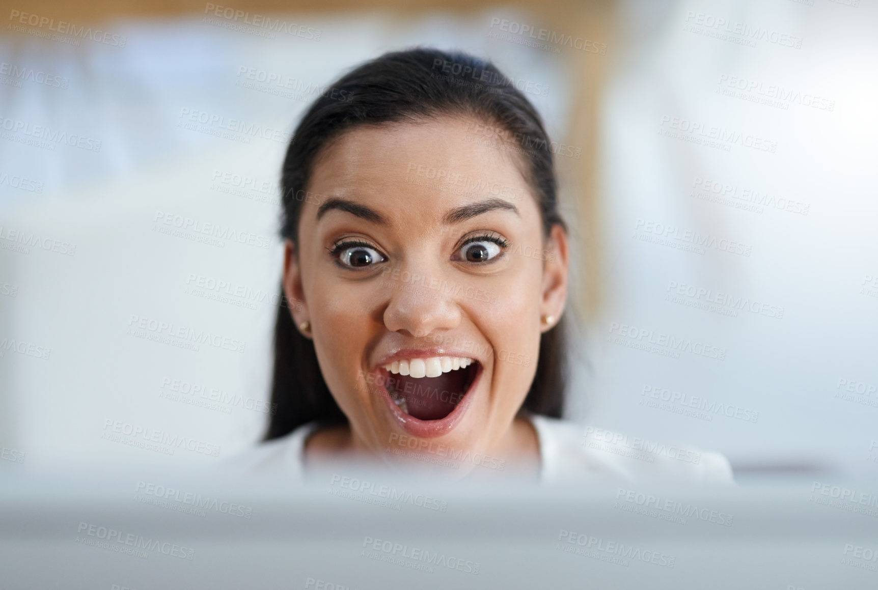 Buy stock photo Woman, excited and computer for winning in office, bonus and wow for promotion or salary increase. Female person, professional and success with online competition, achievement and celebrate victory