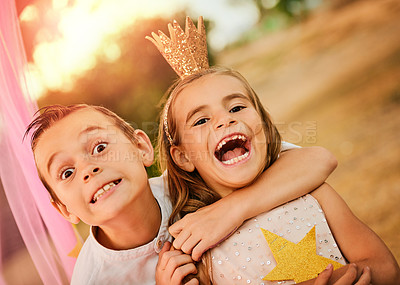 Buy stock photo Shot of an adorable little brother and sister playing outdoors