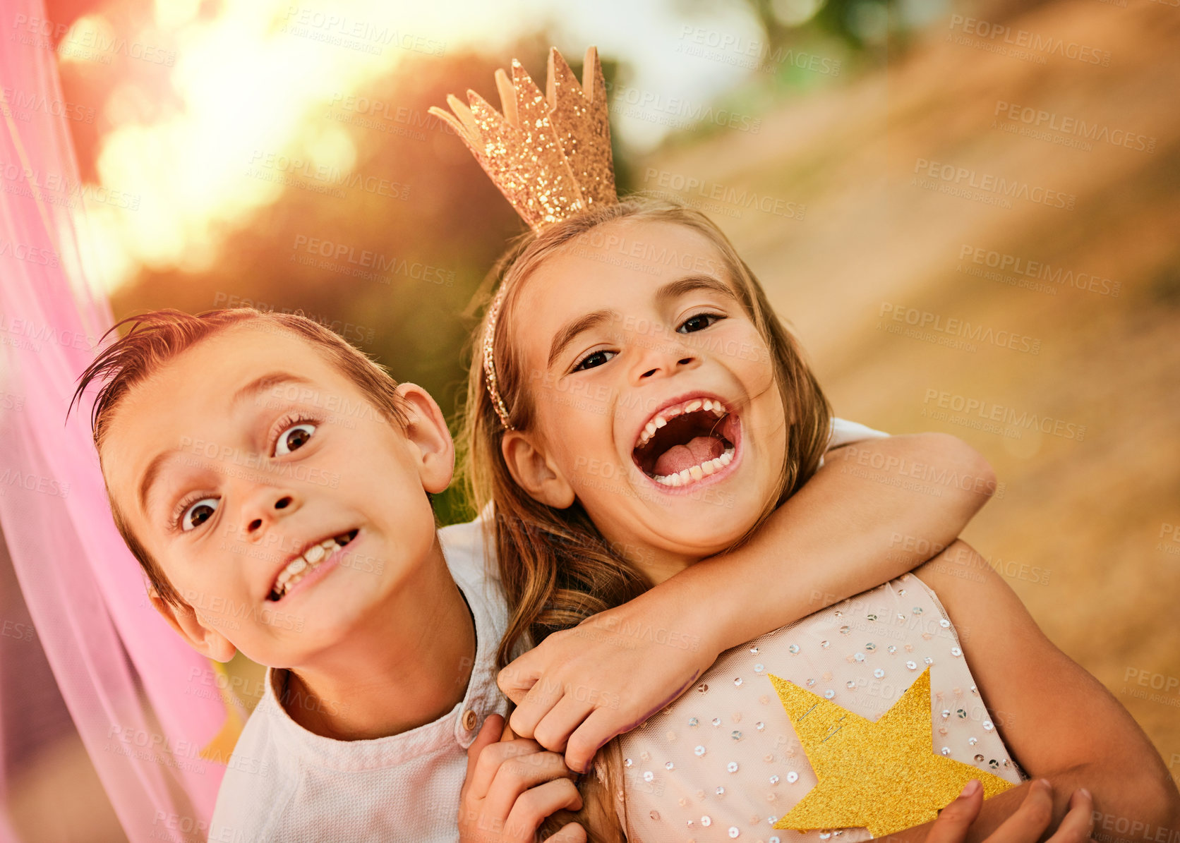 Buy stock photo Shot of an adorable little brother and sister playing outdoors