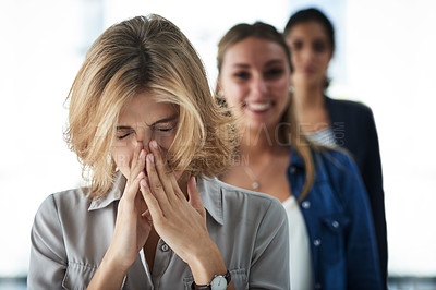 Buy stock photo Woman, stress and manager for team fail in office, burnout and frustrated in line of employees. Female person, mental health crisis and overwhelmed with depression or anxiety, fail and disaster