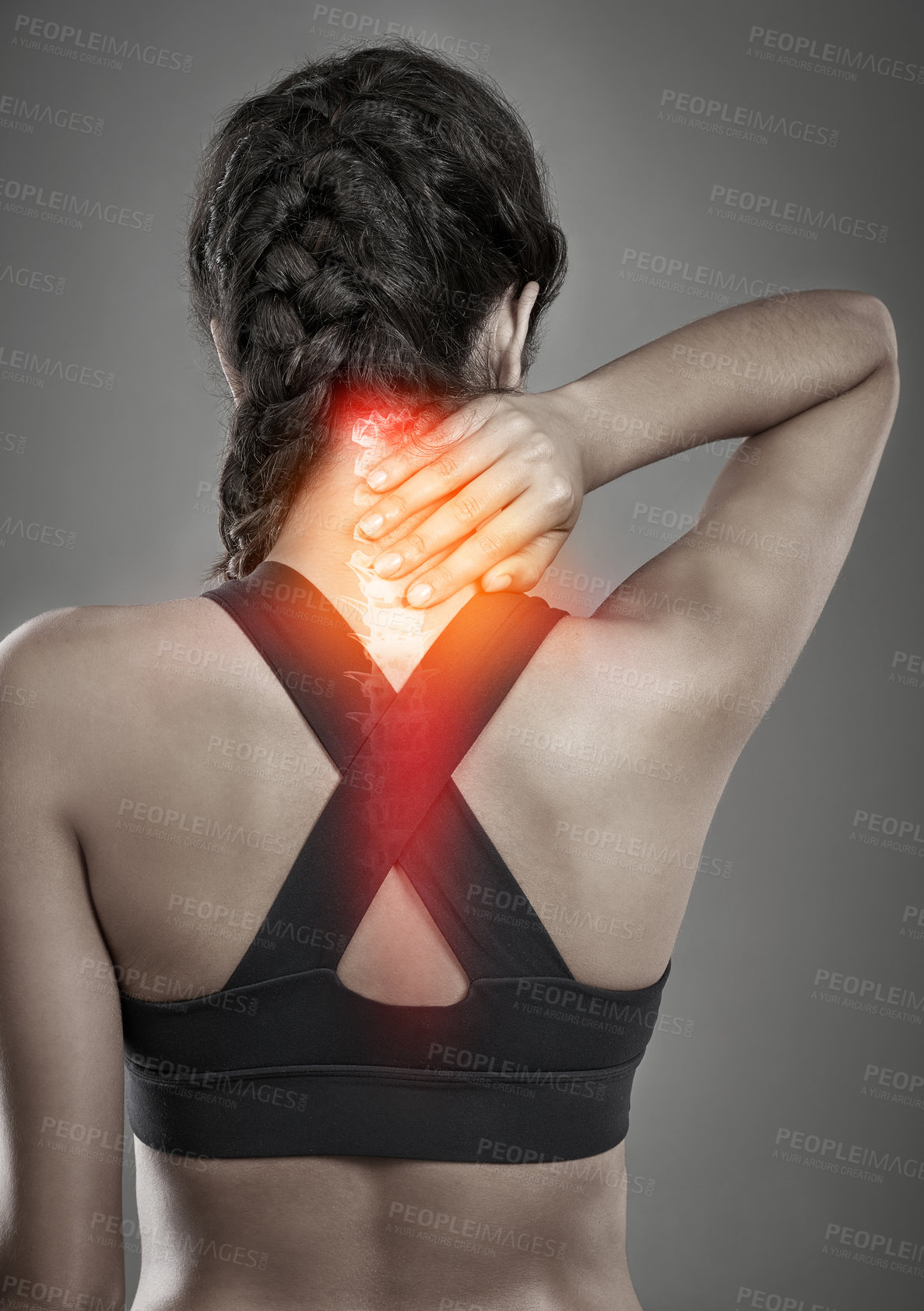 Buy stock photo Woman, neck pain and athlete for injury in studio, training accident and red glow on gray background. Female person, sports and spinal arthritis or risk of fibromyalgia, back and inflammation strain