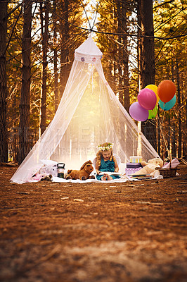 Buy stock photo Picnic, girl child and reading book in woods for development, education or fairytale story. Nature, fantasy and young kid on blanket with costume for relax, weekend break or literature in Switzerland