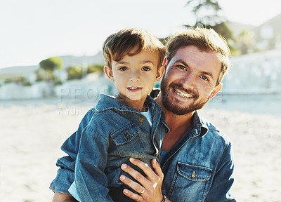 Buy stock photo Hug, father or boy at beach for portrait, holiday or travel in Portugal with child, son or family memory. Single parent, happy dad or kid at sea for vacation with trip, wellness or nature to relax