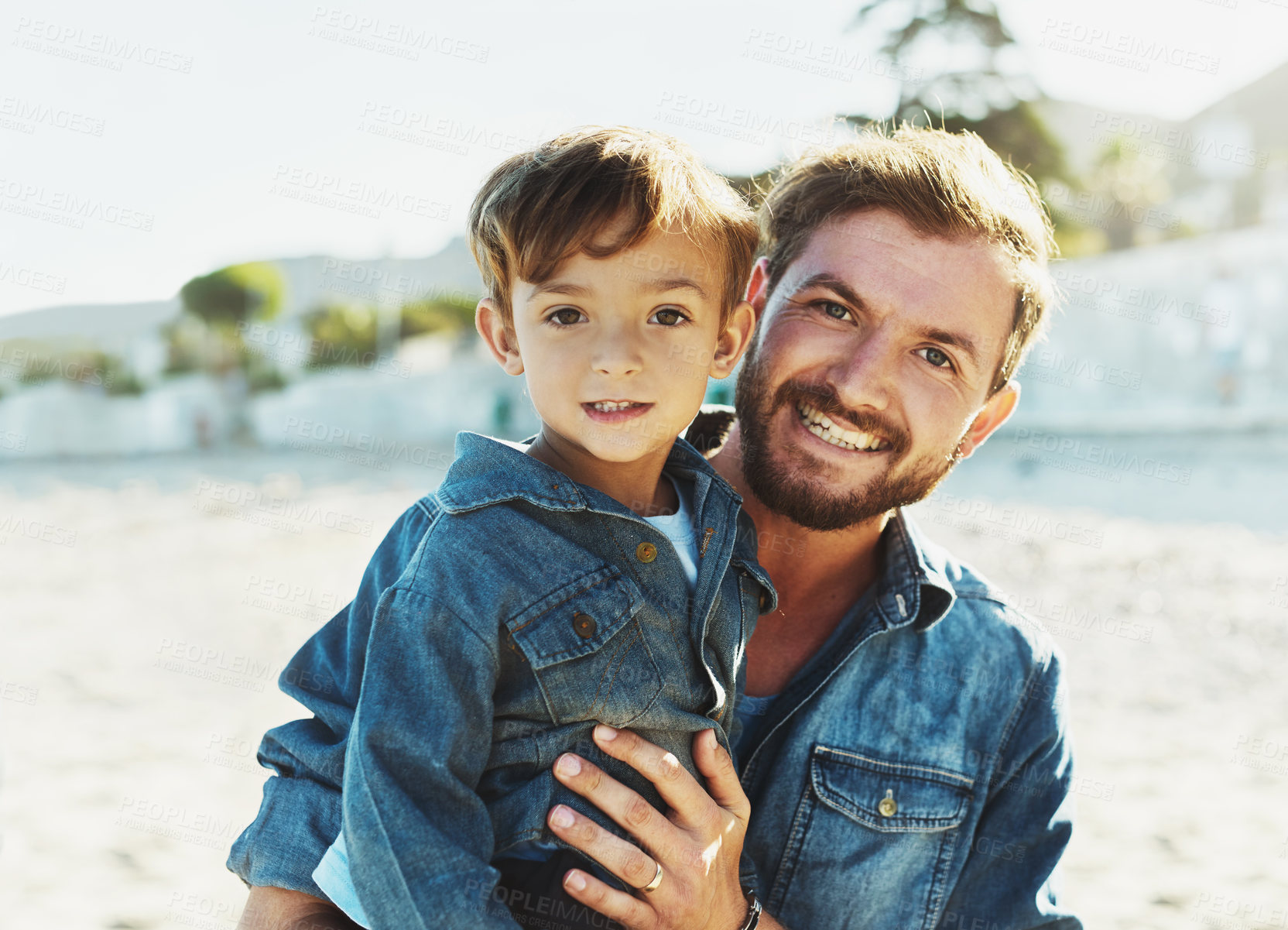 Buy stock photo Hug, father or boy at beach for portrait, holiday or travel in Portugal with child, son or family memory. Single parent, happy dad or kid at sea for vacation with trip, wellness or nature to relax