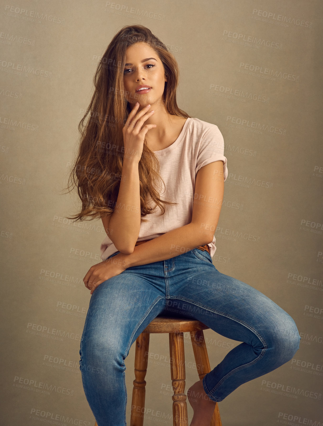 Buy stock photo Fashion, portrait and woman with confidence on chair for cool style, satisfaction and trendy clothes. Female person, smile and relax on studio background on stool for outfit, positivity and pride