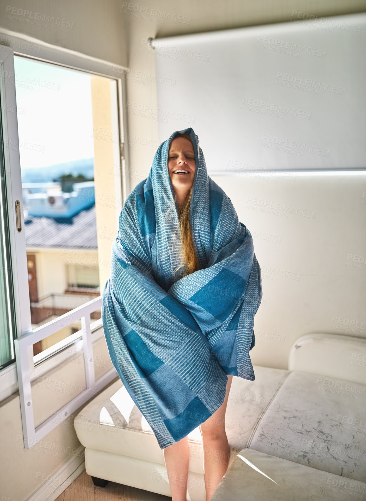 Buy stock photo Portrait, happy and woman wrapped in blanket to relax with comfortable, warm and security on winter morning. Smile, female person and duvet for cozy with heat, support and gratitude of peace at house