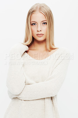 Buy stock photo Blonde woman, portrait and fashion in natural beauty cosmetics, makeup or style on a white studio background. Face of casual female person or young attractive model in jersey for warmth and clothing