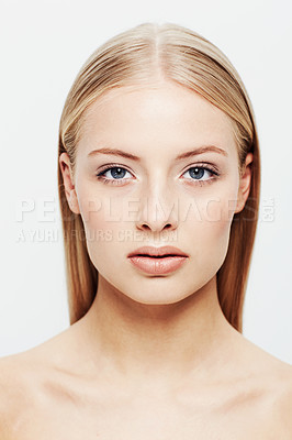 Buy stock photo Portrait, woman and beauty or cosmetic in studio, confident  and cosmetology for facial skin treatment. Young model, face and shine in self care or blonde hair and organic makeup by white background