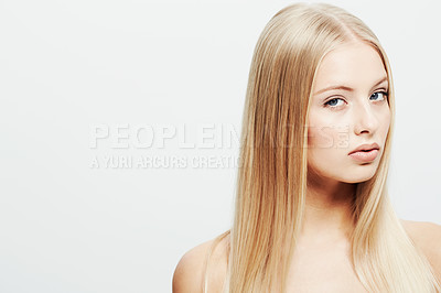 Buy stock photo Portrait, model and confident or cosmetic in studio, skincare glow and cosmetology of facial treatment. Young woman, face and shine in self care or blonde hair and organic make up by white background