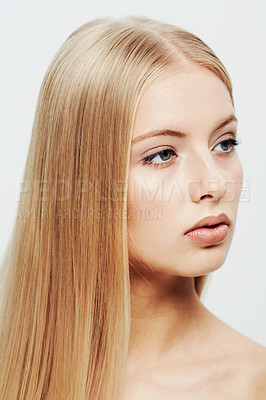 Buy stock photo Young, model and beauty or cosmetic in studio, confident  and cosmetology for facial skin treatment in wellness. Woman, glow or shine in self care or blonde hair or organic makeup by white background