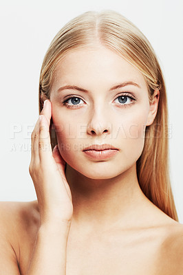 Buy stock photo Woman, portrait and natural beauty, cosmetics and glamour with hand touching skin on white background. Clean face skincare and dermatology with makeup, wellness and facial for treatment with makeover