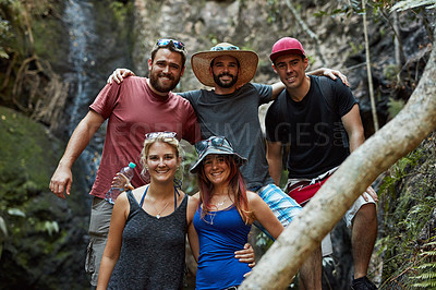 Buy stock photo Portrait, group and smile in vacation, mountain and hiking in nature with sunglasses, summer and holiday. Outdoor, tourist and people with tour guide in Argentina and friends in environment or travel