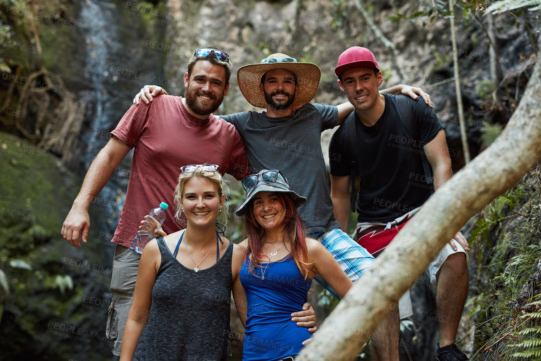 Buy stock photo Portrait, group and smile in vacation, mountain and hiking in nature with sunglasses, summer and holiday. Outdoor, tourist and people with tour guide in Argentina and friends in environment or travel