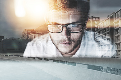 Buy stock photo Multiple exposure shot of a young businessman superimposed over a cityscape