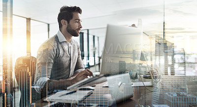 Buy stock photo Multiple exposure shot of a young businessman working in an office superimposed over a cityscape