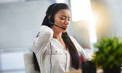 Buy stock photo Stress, customer service or woman in call center with back pain injury while working in telecom help desk. Accident, injured agent or tired sales girl with joint pain emergency, fatigue and burnout