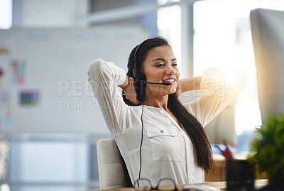 Buy stock photo Relax, stretching or happy woman in call center consulting, speaking or talking at customer services. Virtual assistant, rest break or sales consultant in telemarketing or telecom company help desk