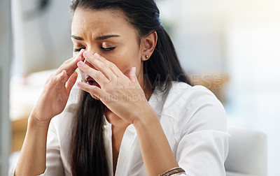 Buy stock photo Office, burnout or woman with headache, stress or tired in workplace with fatigue, anxiety or depression. Stressed employee, sad female consultant or business person with migraine pain or frustrated 