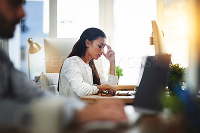 Buy stock photo Depressed, burnout or business woman with headache in office with fatigue, anxiety or stress. Employee, sad female consultant or tired person frustrated with depression or migraine pain in workplace 