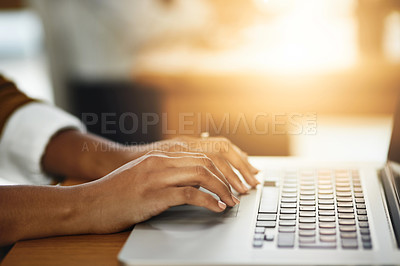 Buy stock photo Hands, office or woman typing on laptop working on business project or online research at desk. Person, closeup or female worker copywriting on startup blog report or internet article with keyboard