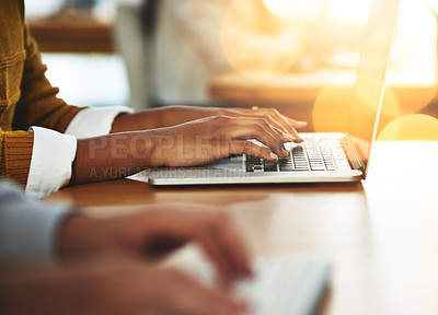 Buy stock photo Hands, coworking or woman typing on laptop networking on business project or online research at office desk. Person, closeup or worker copywriting on blog report or internet article with keyboard