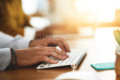 Buy stock photo Hands, keyboard or man typing on computer networking on business project or online research at office desk. Person, coworking or closeup of worker copywriting on blog report or internet article 