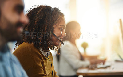 Buy stock photo Coworking, contact us or happy woman in call center consulting, speaking or talking at customer services. Virtual assistant, friendly or sales consultant in telemarketing or telecom company help desk
