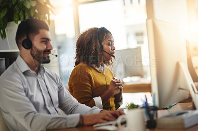 Buy stock photo Coworking, consultant or woman in call center consulting, talking or speaking at customer services. Virtual assistant, agents or sales person speaking in telemarketing or telecom company help desk