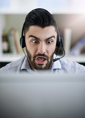 Buy stock photo Stressed, frustrated or shocked man in call center reading fake news crisis or mistake with panic in office. Worried virtual assistant, anxiety or surprised consultant frustrated with computer error